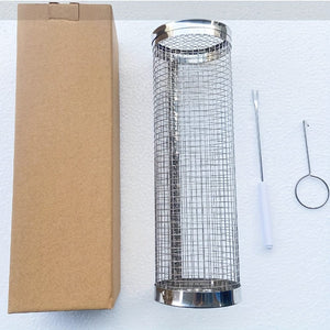 Planet Gates 30cm/11.81in / Hook + Plastic Handle Fork + Box 3pcs/set, BBQ Rolling Grill Basket, Stainless Steel Grilled Cage, Round Stainless Steel BBQ Grill Mesh For Vegetable Fries Fish, BBQ Vegetable Slices Basket For Outdoor Picnic Camping, Grill Accessories, BBQ Accessaries