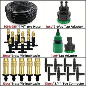 Planet Gates 30M 1 Pack, 5M-30M Outdoor Misting Cooling System Garden Irrigation Watering 1/4'' Brass Atomizer Nozzles 4/7mm Hose For Patio Greenhouse