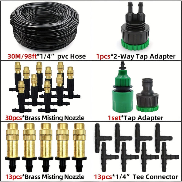 Planet Gates 30M 1 Pack, 5M-30M Outdoor Misting Cooling System Garden Irrigation Watering 1/4'' Brass Atomizer Nozzles 4/7mm Hose For Patio Greenhouse