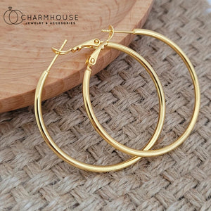 Planet Gates 30mm Gold Hoop Earrings 24K Yellow Gold Plated Round Big Circle Piercing Earring Set For Women 30/40/50/60mm Smooth Ear Cuff Jewelry