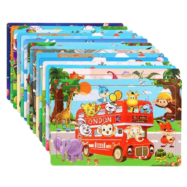 Planet Gates 30pcs Model 3 New 30 Pieces Wooden Puzzles Cartoon Animal Traffic Tangram Wood 3d Puzzle Montessori Educational Toys for Children Gifts