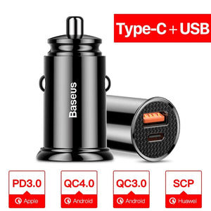 Planet Gates 30W Type C USB Black Baseus Dual USB Car Charger 5A Fast Charing 2 Port 12-24V Cigarette Socket Lighter Car USBC Charger for iPhone 12 Power Adapter