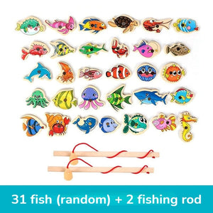 Planet Gates 31 Fish Montessori Wooden Fishing Toys For Children Magnetic Marine Life Cognition Fish Games Parent-Child Interactive Educational Toy