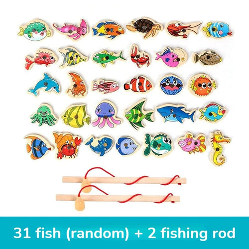 Planet Gates 31 Fish Montessori Wooden Fishing Toys For Children Magnetic Marine Life Cognition Fish Games Parent-Child Interactive Educational Toy