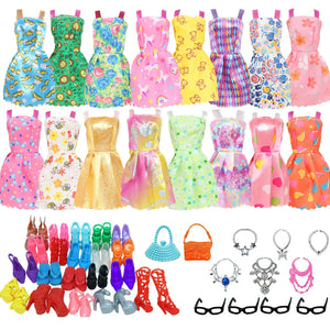 Planet Gates 32 Item/Set Doll Accessories=10 Mix Fashion Cute Dress+ 4 Glasses+ 6 Necklaces+2 Handbag+ 10 Shoes Dress Clothes For Barbie Doll