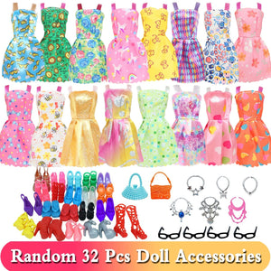 Planet Gates 32 Pcs 32 Item/Set Doll Accessories=10 Mix Fashion Cute Dress+ 4 Glasses+ 6 Necklaces+2 Handbag+ 10 Shoes Dress Clothes For Barbie Doll