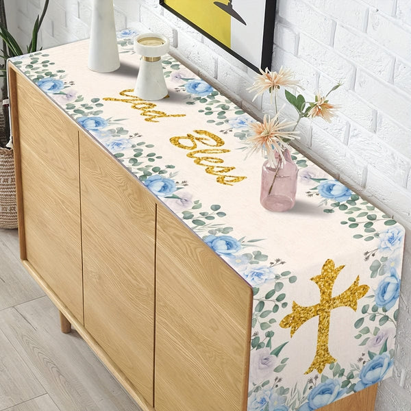 Planet Gates 33.02*182.88cm 1pc, Polyester Table Runner, Boy Baptism Table Runner, God Bless Theme Holy Communion Christening Baby Shower Party Kitchen Dinning Home Decoration