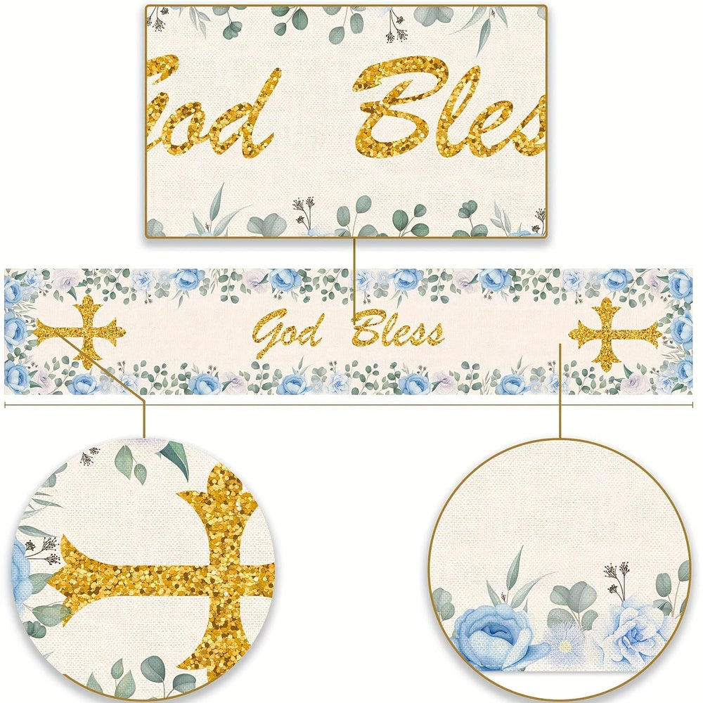 Planet Gates 33.02*182.88cm 1pc, Polyester Table Runner, Boy Baptism Table Runner, God Bless Theme Holy Communion Christening Baby Shower Party Kitchen Dinning Home Decoration