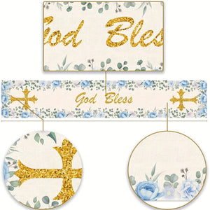 Planet Gates 33.02*182.88cm 1pc, Polyester Table Runner, Boy Baptism Table Runner, God Bless Theme Holy Communion Christening Baby Shower Party Kitchen Dinning Home Decoration