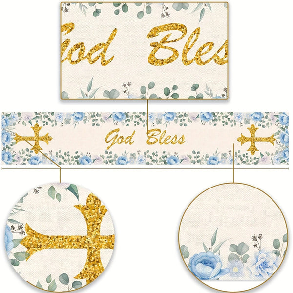 Planet Gates 33.02*182.88cm 1pc, Polyester Table Runner, Boy Baptism Table Runner, God Bless Theme Holy Communion Christening Baby Shower Party Kitchen Dinning Home Decoration