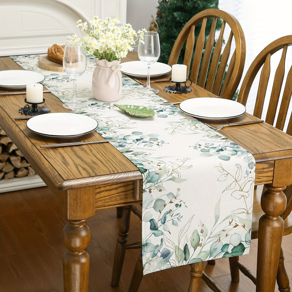 Planet Gates 33.02*182.88cm 1pc, Table Runner, Watercolor Green Eucalyptus Leaves Printed Table Runner, Seasonal Spring Theme Holiday Kitchen Dining Table Decoration For Indoor Outdoor, Party Decor, Festival Decor