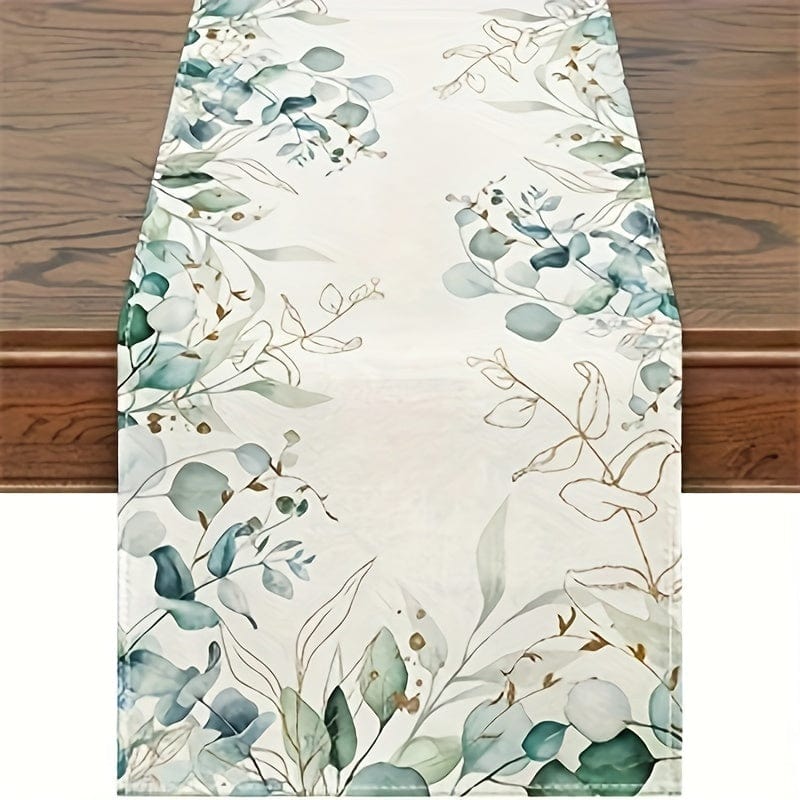 Planet Gates 33.02*182.88cm 1pc, Table Runner, Watercolor Green Eucalyptus Leaves Printed Table Runner, Seasonal Spring Theme Holiday Kitchen Dining Table Decoration For Indoor Outdoor, Party Decor, Festival Decor