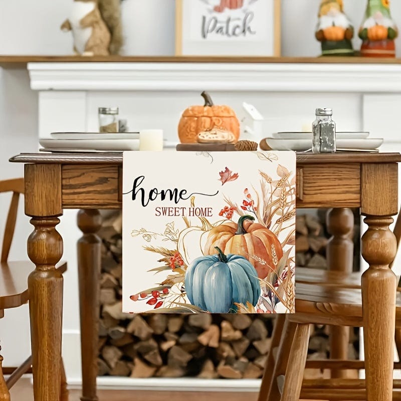 Planet Gates 33.02cmX182.88cm 1pc, Table Runner, Fall Colorful Pumpkin Table Runner, Watercolor Thanksgiving Harvest Teal Maple Leaves Tabletop Scarf Home Kitchen Decor, Halloween Autumn Holiday Burlap Dining, Halloween Decoration, Gift