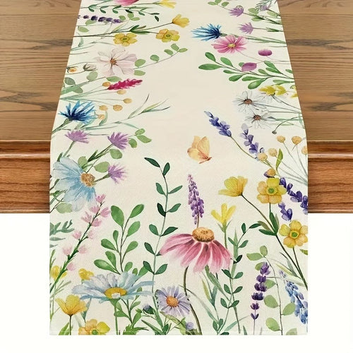 Planet Gates 33*90cm/13*36in 1pc, Table Runner, Daisy Eucalyptus Leaves Lavender Floral Pattern Table Runner, Spring Theme Seasonal Kitchen Dining Table Decoration For Indoor, Party Decor, Spring Theme Decor