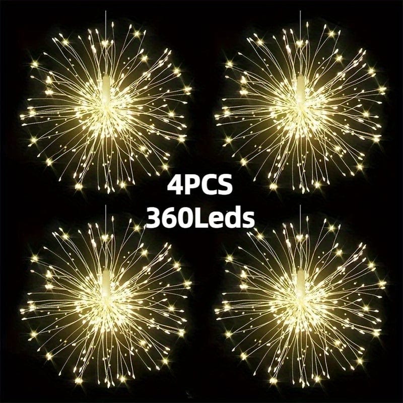 Planet Gates 4 Pack, Suspended Solar Fireworks Light, 240/360/480 Leds Star Burst Light, Outdoor Waterproof, 8-Mode With Remote Control, Fairy Light, Eaves Garden Tree Christmas Decorative Light (Warm White)