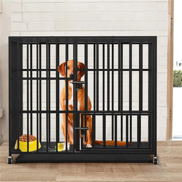 Planet Gates 37” 42” 46” Heavy Duty Dog Cage Metal Pet Dog Crate 3 Doors Locks Design Kennel Playpen with 4 Lockable Wheels Removable Tray