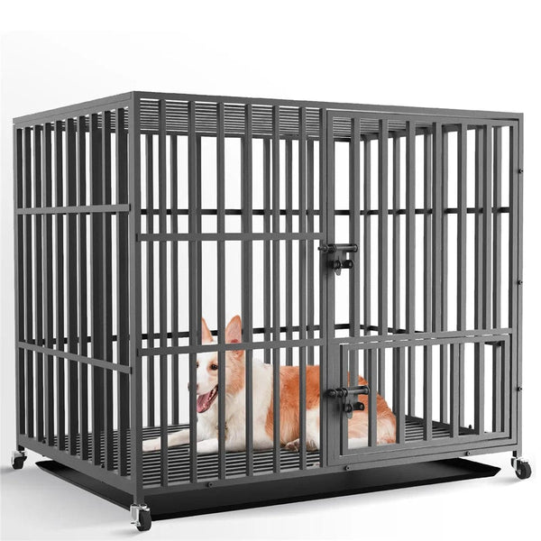 Planet Gates 37” 42” 46” Heavy Duty Dog Cage Metal Pet Dog Crate 3 Doors Locks Design Kennel Playpen with 4 Lockable Wheels Removable Tray