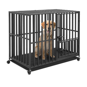 Planet Gates 37” 42” 46” Heavy Duty Dog Cage Metal Pet Dog Crate 3 Doors Locks Design Kennel Playpen with 4 Lockable Wheels Removable Tray