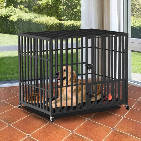 Planet Gates 37” 42” 46” Heavy Duty Dog Cage Metal Pet Dog Crate 3 Doors Locks Design Kennel Playpen with 4 Lockable Wheels Removable Tray