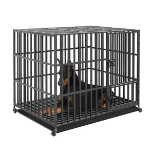 Planet Gates 37” 42” 46” Heavy Duty Dog Cage Metal Pet Dog Crate 3 Doors Locks Design Kennel Playpen with 4 Lockable Wheels Removable Tray