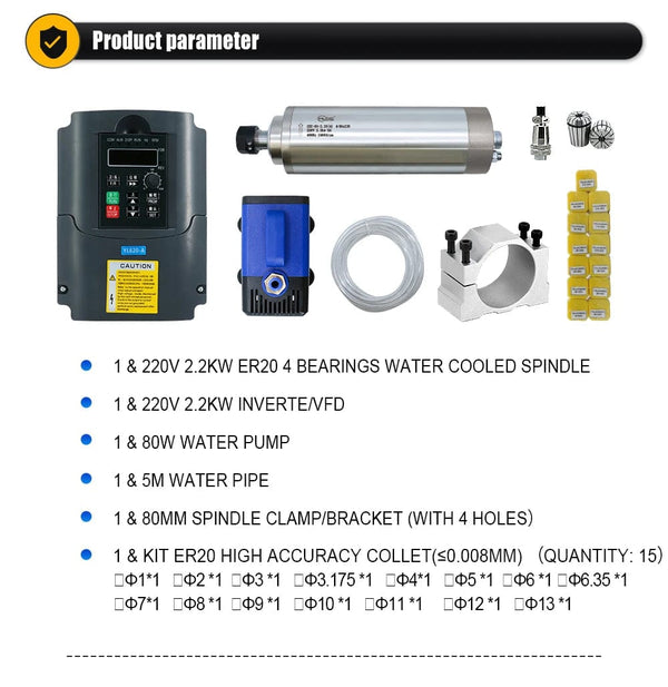Planet Gates 380v / brazil Sales Water Cooling Spindle Motor Kit 2.2kw 2200w  Round Spindle 24000RPM + VFD Inverter With RS485 + 13pcs ER20 For CNC Milling