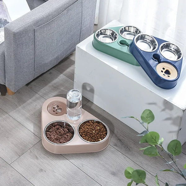 Planet Gates 3In1 Pet Dog Cat Food Bowl with Bottle Automatic Drinking Feeder Fountain Portable Durable Stainless Steel 3 Bowls Pet Supplies