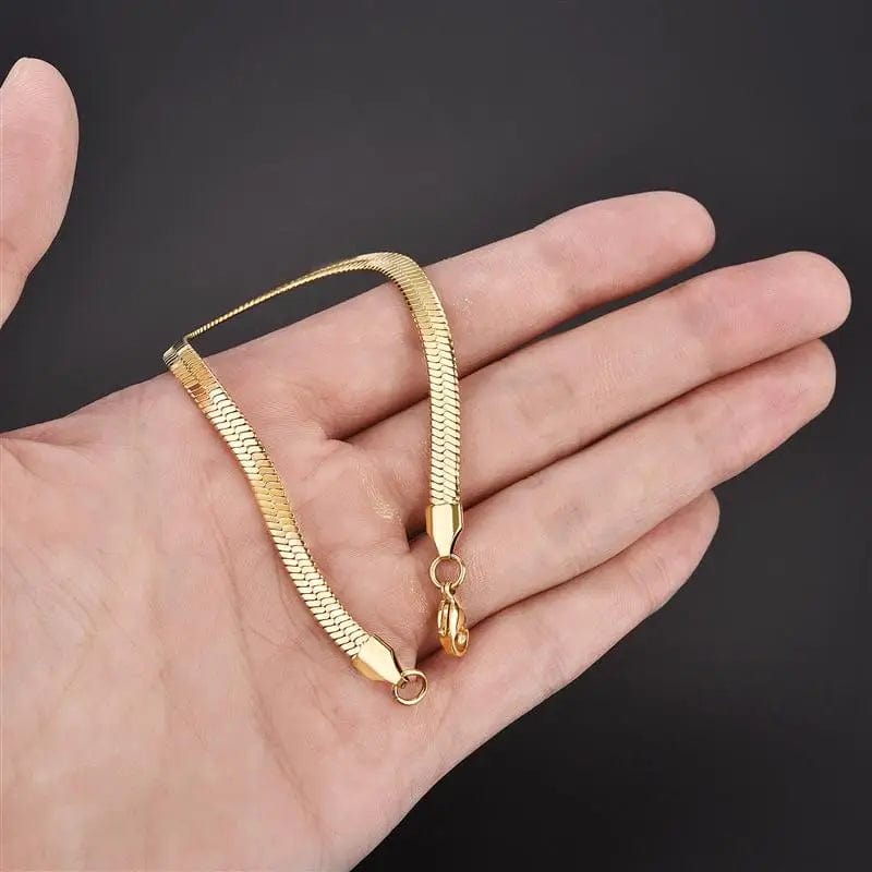 Planet Gates 3mm Gold / 16cm High Quality Gold Plated Stainless Steel Flat Bracelet Waterproof Filmy Snake Chain for Men Women Classic Bracelets Jewellery