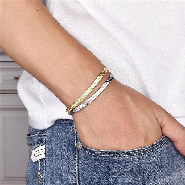 Planet Gates 3mm Gold / 16cm High Quality Gold Plated Stainless Steel Flat Bracelet Waterproof Filmy Snake Chain for Men Women Classic Bracelets Jewellery