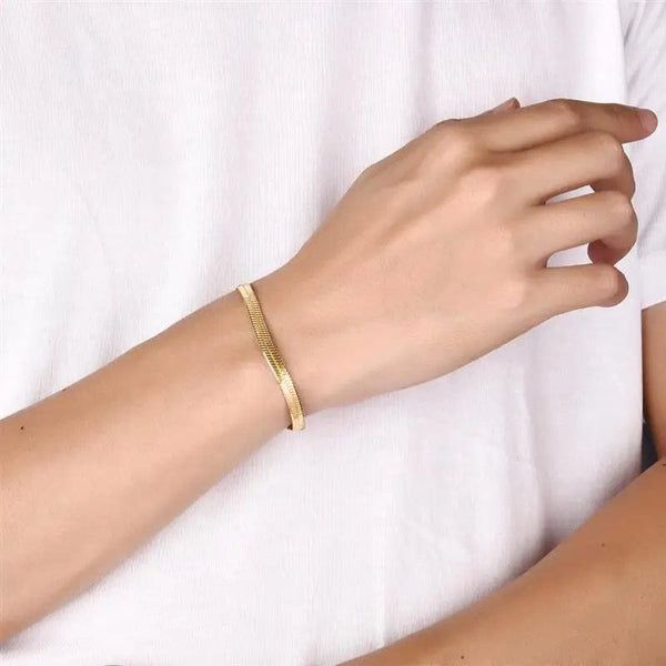 Planet Gates 3mm Gold / 16cm High Quality Gold Plated Stainless Steel Flat Bracelet Waterproof Filmy Snake Chain for Men Women Classic Bracelets Jewellery