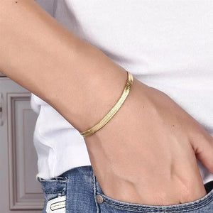 Planet Gates 3mm Gold / 16cm High Quality Gold Plated Stainless Steel Flat Bracelet Waterproof Filmy Snake Chain for Men Women Classic Bracelets Jewellery