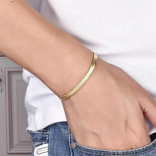 Planet Gates 3mm Gold / 16cm High Quality Gold Plated Stainless Steel Flat Bracelet Waterproof Filmy Snake Chain for Men Women Classic Bracelets Jewellery