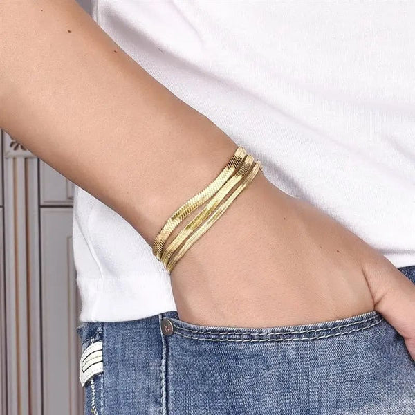 Planet Gates 3mm Gold / 16cm High Quality Gold Plated Stainless Steel Flat Bracelet Waterproof Filmy Snake Chain for Men Women Classic Bracelets Jewellery