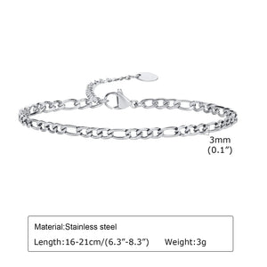 Planet Gates 3MM Silver Color Vnox 3/5mm Width Figaro Chain Bracelets for Women Men, Anti Allergy Stainless Steel Link Chain Wristband, Length Adjustable
