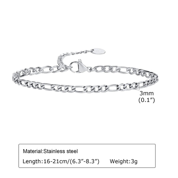 Planet Gates 3MM Silver Color Vnox 3/5mm Width Figaro Chain Bracelets for Women Men, Anti Allergy Stainless Steel Link Chain Wristband, Length Adjustable