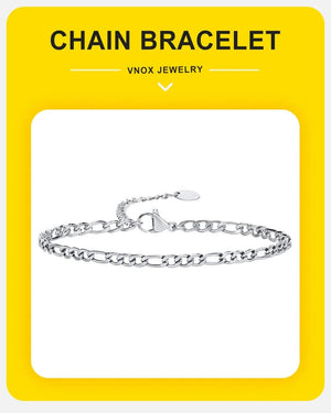 Planet Gates 3MM Silver Color Vnox 3/5mm Width Figaro Chain Bracelets for Women Men, Anti Allergy Stainless Steel Link Chain Wristband, Length Adjustable
