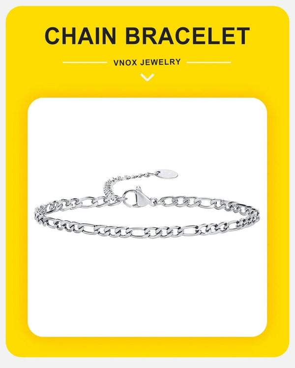 Planet Gates 3MM Silver Color Vnox 3/5mm Width Figaro Chain Bracelets for Women Men, Anti Allergy Stainless Steel Link Chain Wristband, Length Adjustable