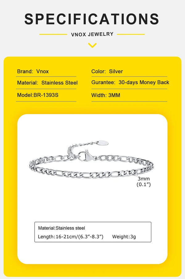 Planet Gates 3MM Silver Color Vnox 3/5mm Width Figaro Chain Bracelets for Women Men, Anti Allergy Stainless Steel Link Chain Wristband, Length Adjustable