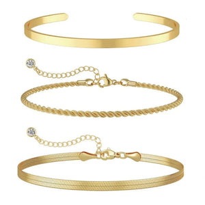 Planet Gates 3pcs 14K Gold Plated STAINLESS Waterproof Bracelet Sets for Women Girls Snake Chain Cuban Link Cuff Bangle Stackable Bracelets