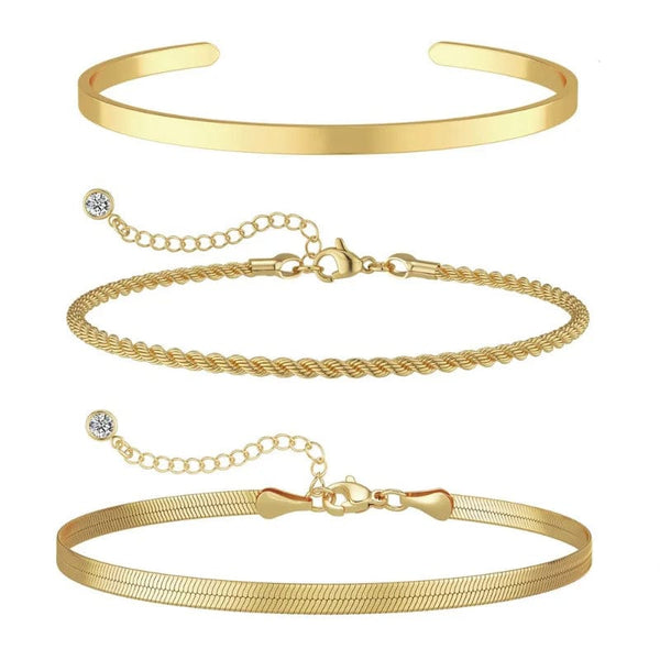 Planet Gates 3pcs 14K Gold Plated STAINLESS Waterproof Bracelet Sets for Women Girls Snake Chain Cuban Link Cuff Bangle Stackable Bracelets