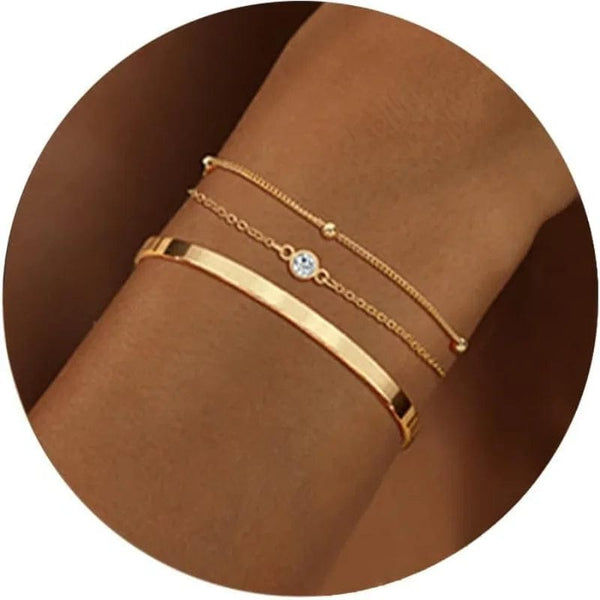Planet Gates 3pcs 14K Gold Plated STAINLESS Waterproof Bracelet Sets for Women Girls Snake Chain Cuban Link Cuff Bangle Stackable Bracelets
