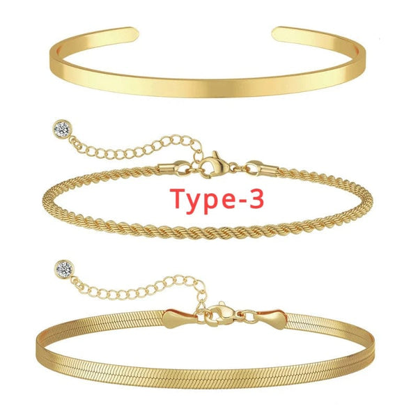 Planet Gates 3pcs 14K Gold Plated STAINLESS Waterproof Bracelet Sets for Women Girls Snake Chain Cuban Link Cuff Bangle Stackable Bracelets