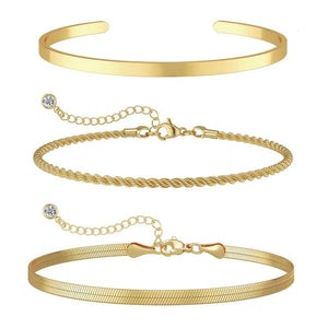 Planet Gates 3pcs 14K Gold Plated STAINLESS Waterproof Bracelet Sets for Women Girls Snake Chain Cuban Link Cuff Bangle Stackable Bracelets