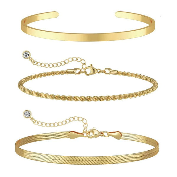 Planet Gates 3pcs 14K Gold Plated STAINLESS Waterproof Bracelet Sets for Women Girls Snake Chain Cuban Link Cuff Bangle Stackable Bracelets