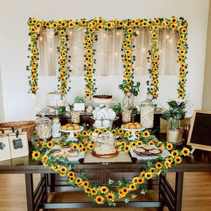 Planet Gates 3pcs Artificial Sunflower Garland 3 Pack 228.6cm Fake Flowers with Green Leaves for Kitchen Garden Wedding Arch Bridal Shower Outdoor Decor Spring Summer Home Décor