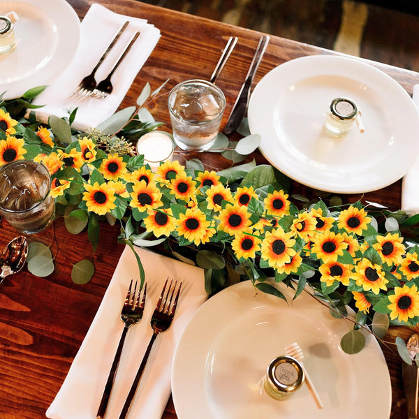 Planet Gates 3pcs Artificial Sunflower Garland 3 Pack 228.6cm Fake Flowers with Green Leaves for Kitchen Garden Wedding Arch Bridal Shower Outdoor Decor Spring Summer Home Décor