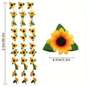 Planet Gates 3pcs Artificial Sunflower Garland 3 Pack 228.6cm Fake Flowers with Green Leaves for Kitchen Garden Wedding Arch Bridal Shower Outdoor Decor Spring Summer Home Décor