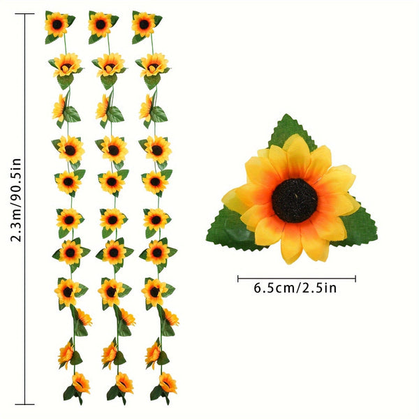 Planet Gates 3pcs Artificial Sunflower Garland 3 Pack 228.6cm Fake Flowers with Green Leaves for Kitchen Garden Wedding Arch Bridal Shower Outdoor Decor Spring Summer Home Décor