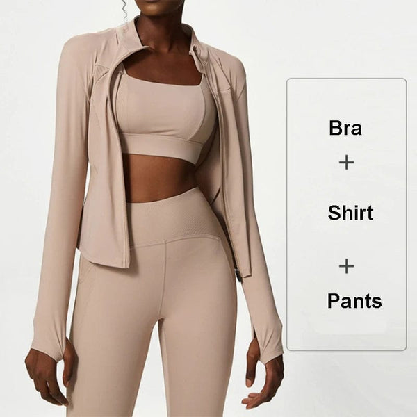 Planet Gates 3Pcs Fitness Yoga Set Women Workout Athletic Clothing Long Sleeve Shirt Gym Bras High Waist Leggings Tights-Fitting Sportswear