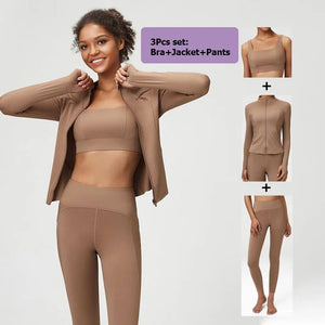 Planet Gates 3Pcs Fitness Yoga Set Women Workout Athletic Clothing Long Sleeve Shirt Gym Bras High Waist Leggings Tights-Fitting Sportswear