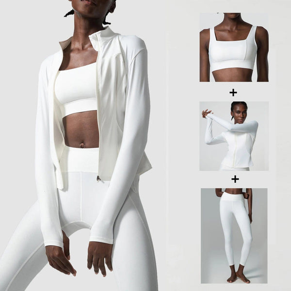 Planet Gates 3Pcs Fitness Yoga Set Women Workout Athletic Clothing Long Sleeve Shirt Gym Bras High Waist Leggings Tights-Fitting Sportswear